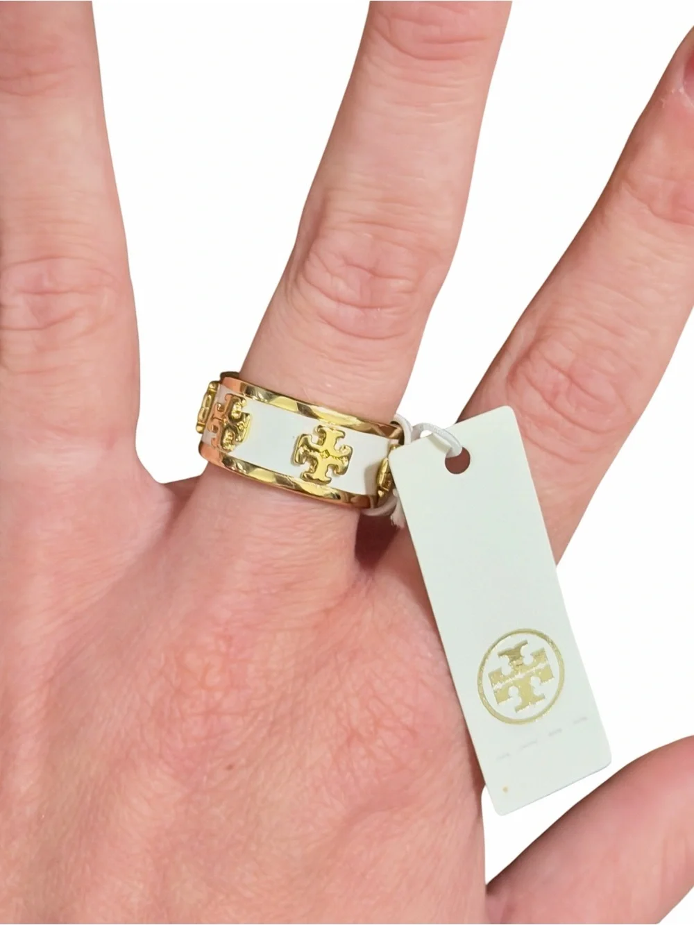 Tory Burch Kira Enamel Raised Logo Ring Gold and White size 7 NWT